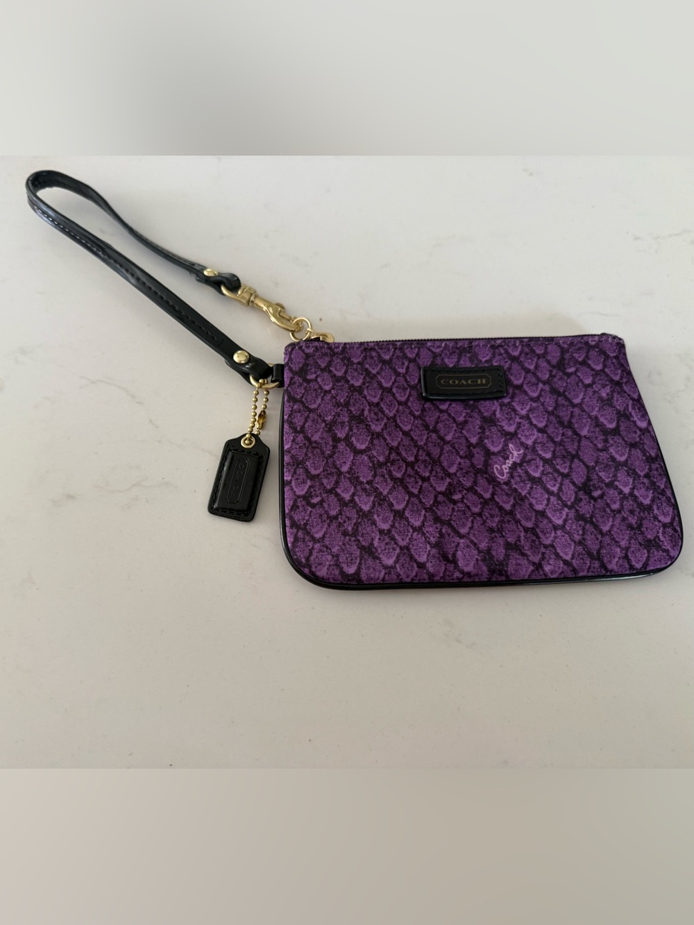 Coach Purple Snakeskin Wristlet with Black Strap